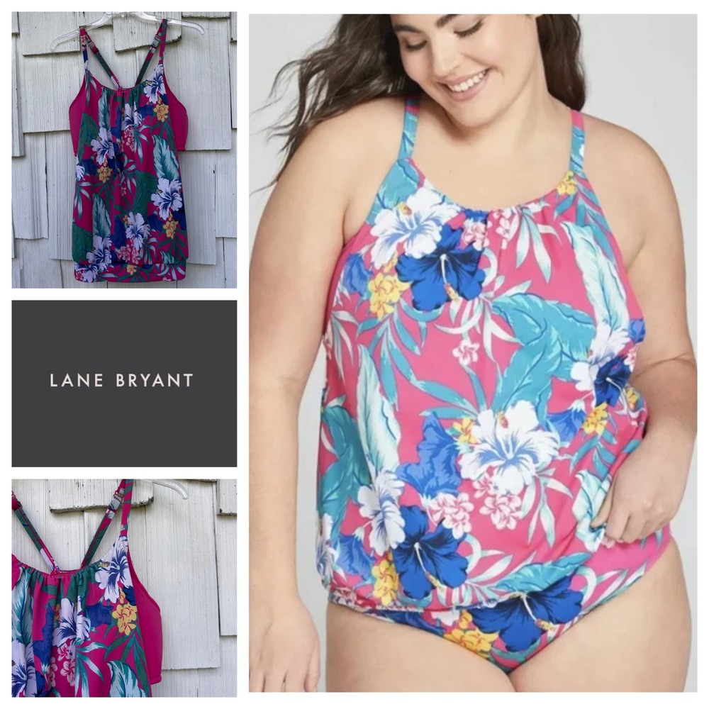 Lane Bryant Cacique Swim Hibiscus Tropics Wireless Bra Blouson Tankini‎ Top 18